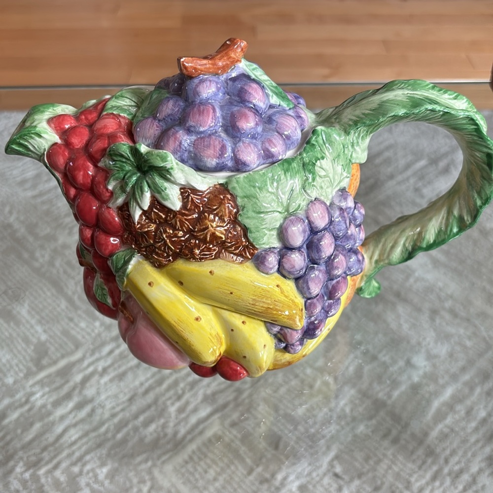 Vintage Fitz and Floyd Calypso Fruit Teapot 1988, Hand-Painted Ceramic, 40oz